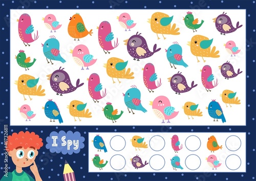 I spy game for kids. Find and count the cute birds. Search the same bird puzzle for children. How many funny activity page. Vector illustration