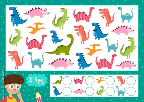 I spy game for kids. Find and count the cute dinosaurs. Search the same dino puzzle for children. How many funny activity page. Vector illustration
