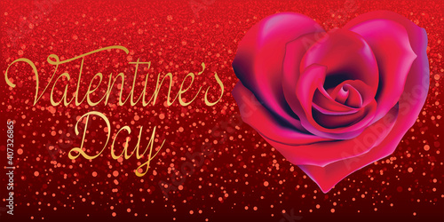 card or banner on Valentine's Day in gold with a red rose in the shape of a heart on a red background and circles in bokeh effect