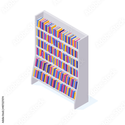 Library or store bookshelf full of various hard cover paper books.