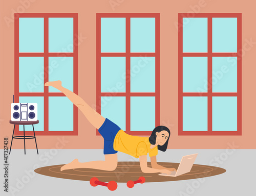Young woman doing sport at home and correspondence surfing the Internet. Girl communicating through network on the laptop doing gymnastics. Social media network communication digital gadget addiction
