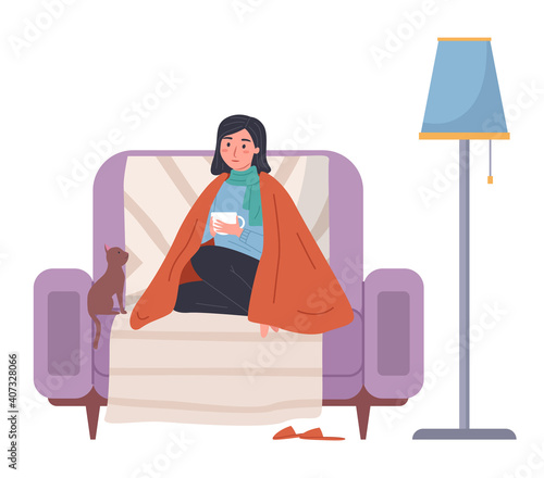 Female character having cold. Cat owner is sick at home vector illustration on white background. The kitten sits next to the woman and looks at her. Girl being treated for flu with special drink