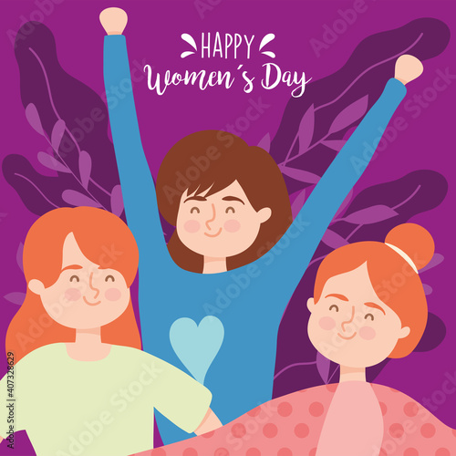 Happy womens day girls cartoons with leaves vector design