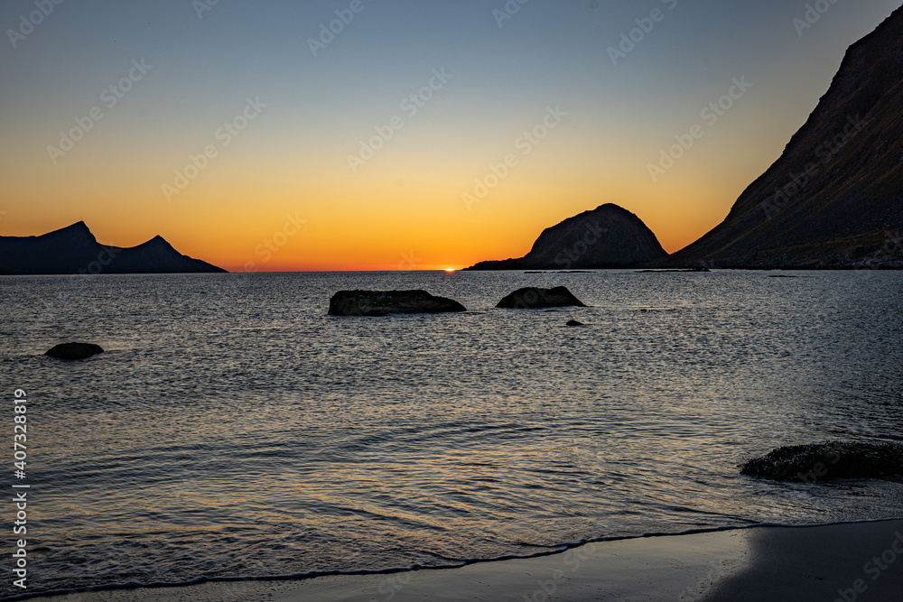 Sunset at Haukland beach in north Norway