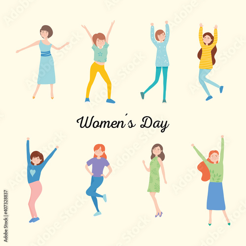 womens day design with icon set of happy womens  colorful design