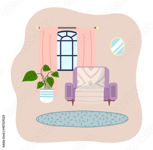 Living room interior design flat vector illustration. The houseplant next to a soft armchair. Arrangement of furniture and layout of premises in the apartment. Glazed window with pink curtains