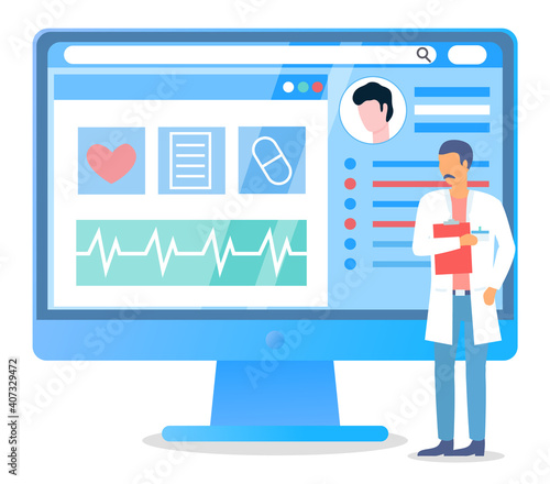 Doctor with folder standing near computer screen with personal medical card of patient. Information about health. Online medicine. Physician or therapist wearing medical gown holding card in hand