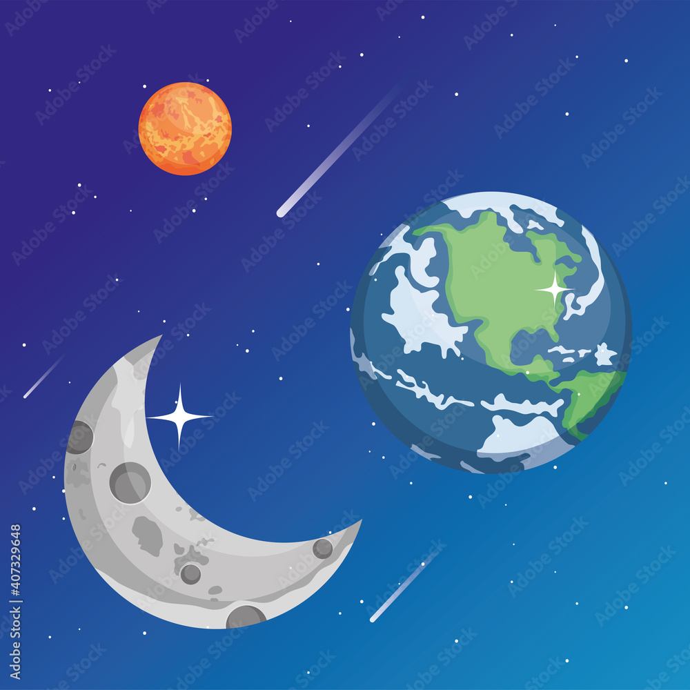 Naklejka premium Space mars moon and earth world vector design