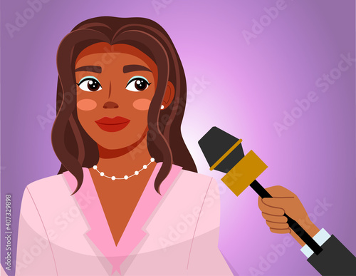 Press conference with woman. Journalist with microphone interviews a famous afro american girl. Social media and famous person. Beautiful female character with makeup and accessories while recording