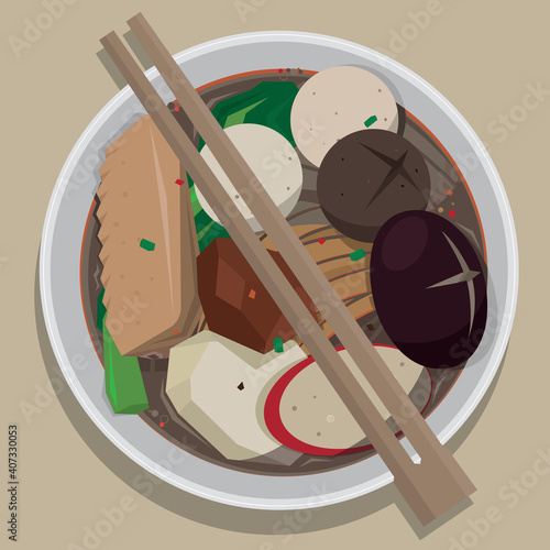 Graphic illustration of a bowl of Hong Kong styled cart noodle. In the old days, streets hawkers sell noodles on roadside using carts. It becomes popular til now.