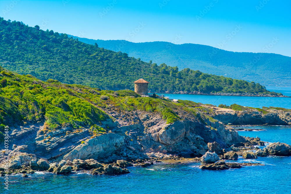 Fototapeta premium Beautiful Mediterranean landscape with Aegean sea and green hills