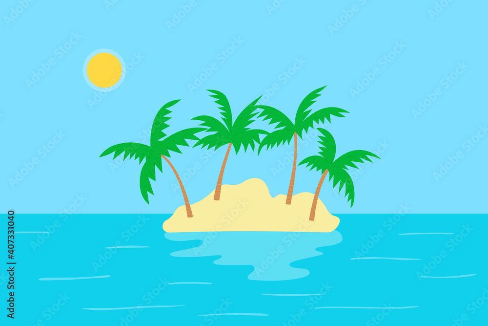 Deserted tropical island cartoon with coconut trees, vector illustration