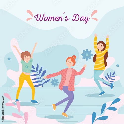 Womens day girls cartoons with flowers and leaves vector design