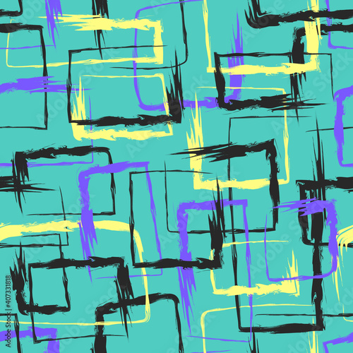 vector multi violet yellow black rough rectangle and square brush stroke overlapped seamless pattern on green