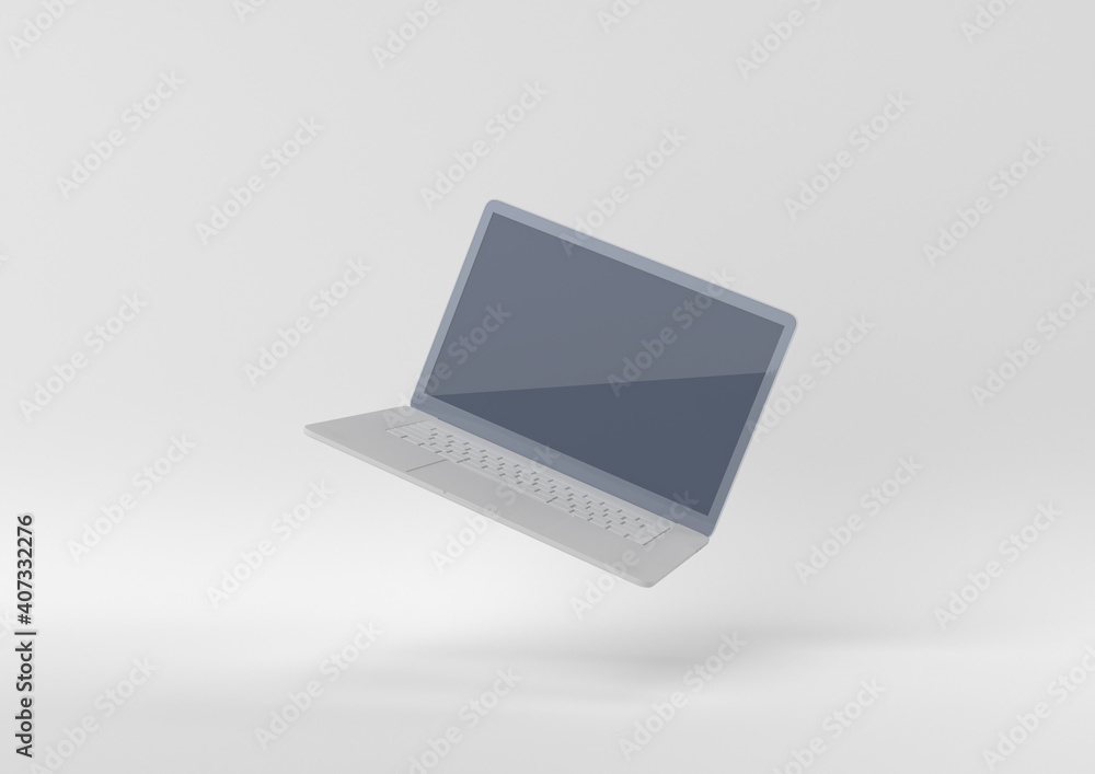 white Laptop floating on white background. minimal concept idea. 3d render. white Laptop floating on white background. minimal concept idea. 3d render.