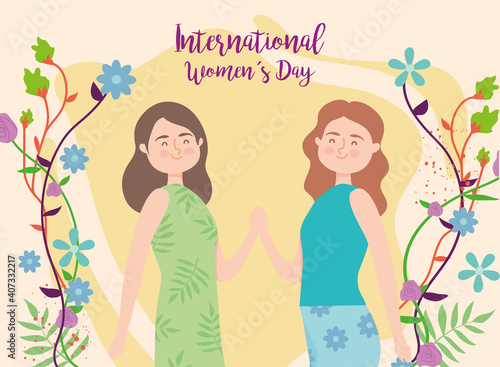 International womens day girls cartoons with flowers vector design