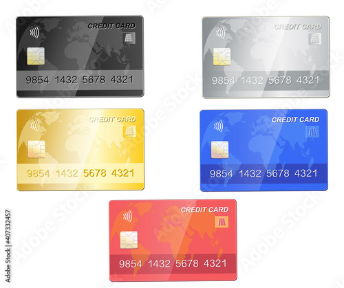 Fünf verschiedene Kreditkarten,
Kreditkarten Auswahl gold, silber, rot, schwarz, blau,  
Vektor Illustration isoliert auf weißem Hintergrund
