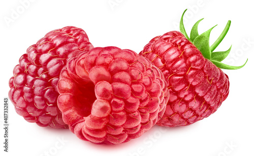 Raspberri berry with leaves isolated on white background