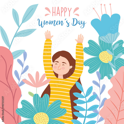 happy womens day design with happy girl and flowers around, colorful design