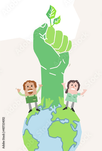 Cartoon Ecologist people and planet Earth, Rising Up a Green Fist