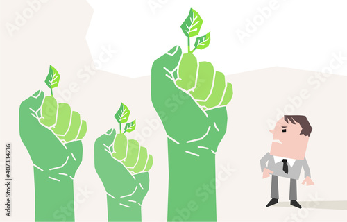 Cartoon Businessman facing three big Protesting Green Hands