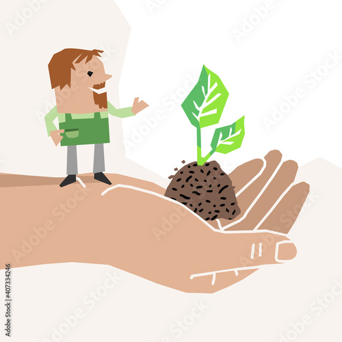 Cartoon Gardener standing on a big Human Hand, with Soil and Growing Plant