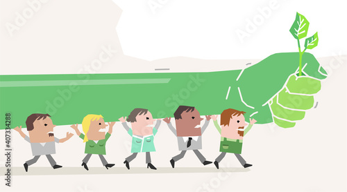 Cartoon Ecologist People, Marching and Protesting with a Big Green Fist