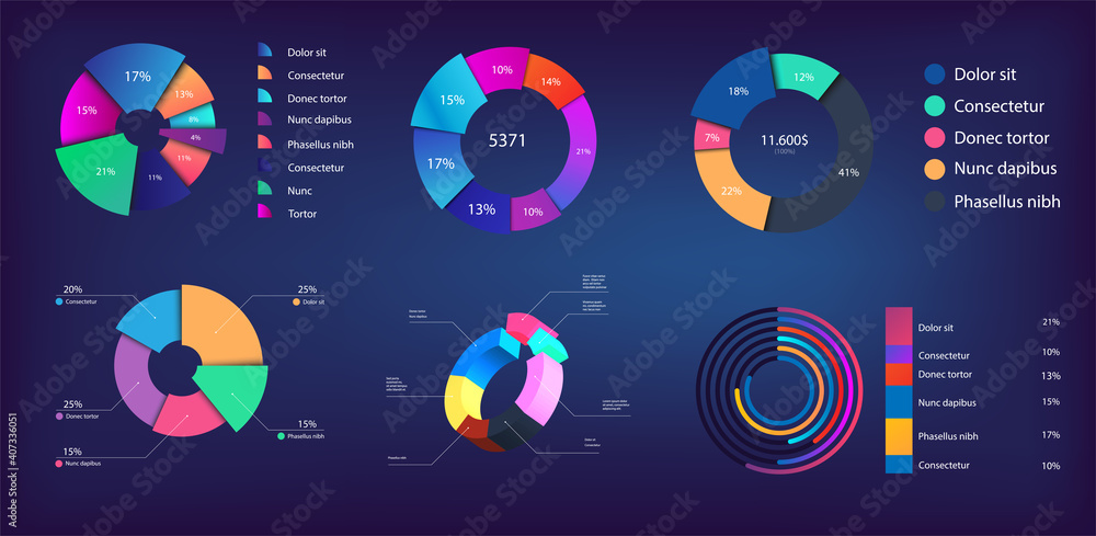 Neon gradient pie chart, infographic collection for reports and ...