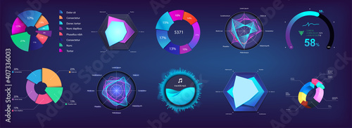Modern Pie chart and circle infographic collection for Web, UI, UX, KIT and Mobile App. Futuristic colors infochart and Pie chart. Mockup for presentation and dashboard. Three-dimensional. Vector