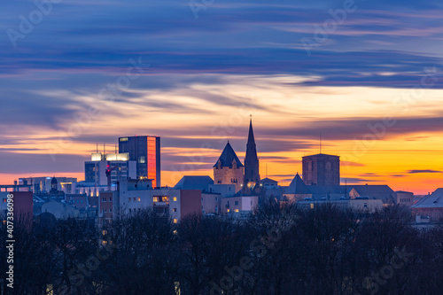 Aerial view of Poznan with The Imperial Castle at sunset, Poland