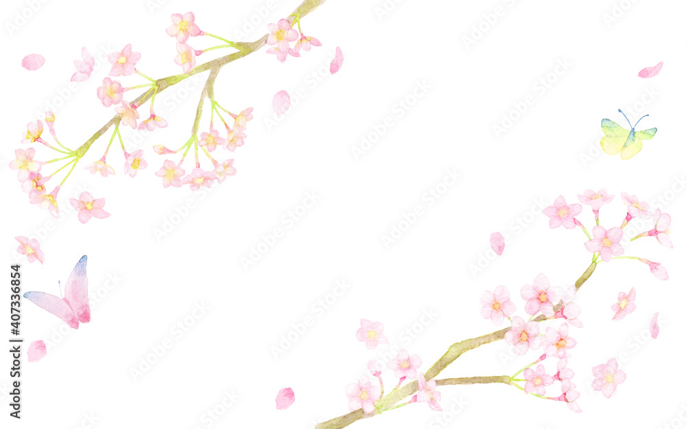 ＜フレーム素材＞水彩画で描かれた、桜舞うフレーム