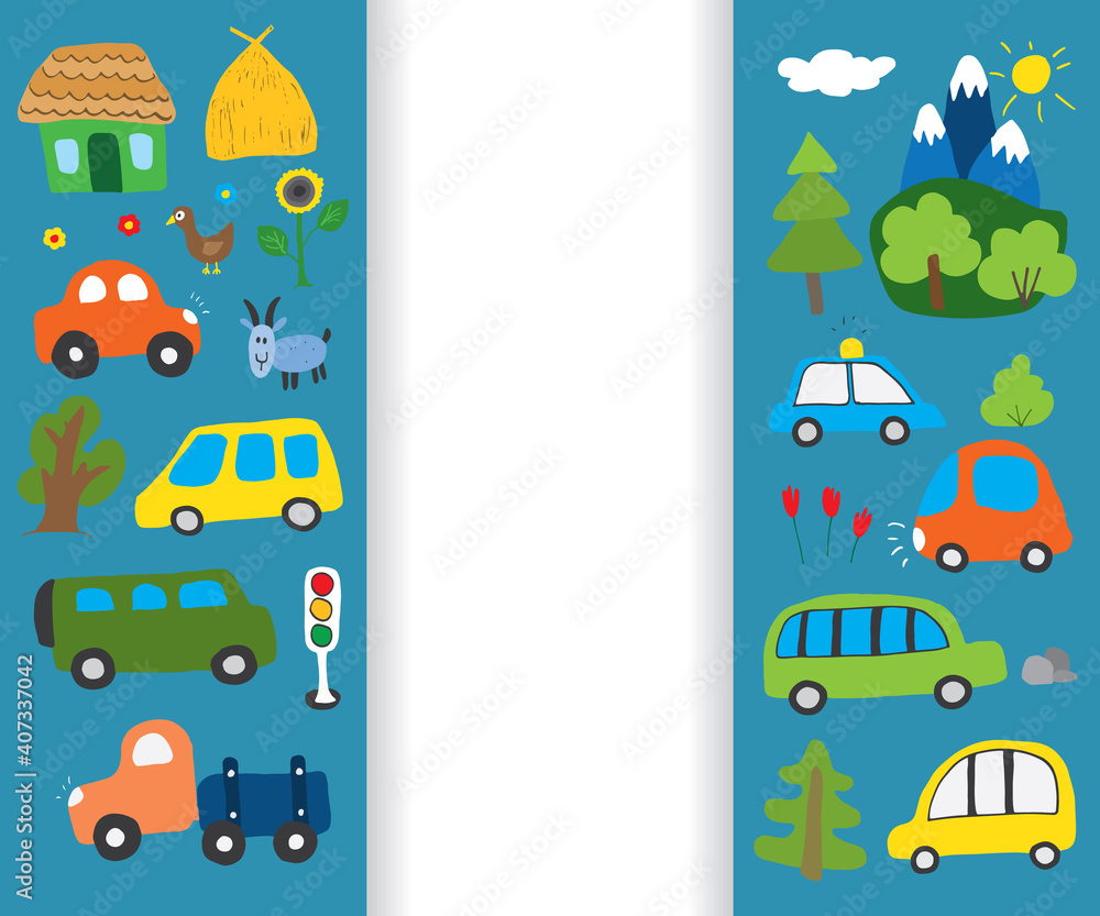 Naklejka premium Cars Cartoon Set. Cute transport Doodles collection, vector illustration