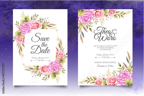 Wedding invitation card with beautiful flowers and leaves