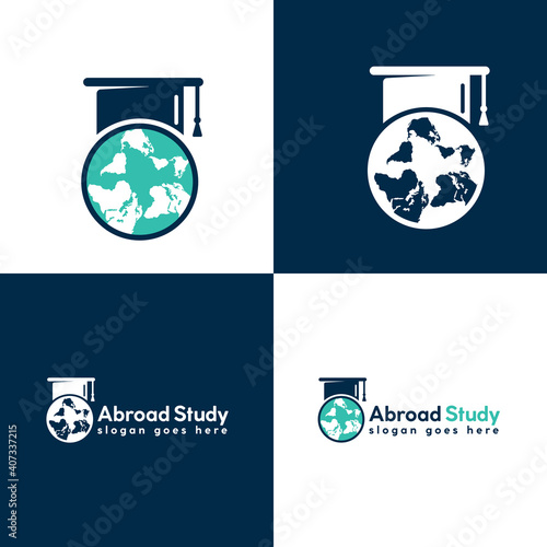 Study abroad vector logo design. Graduation cap and globe icon.