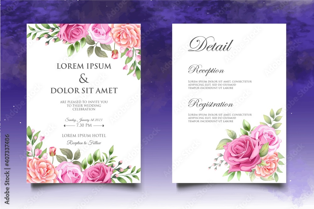 Wedding invitation card with beautiful flowers and leaves