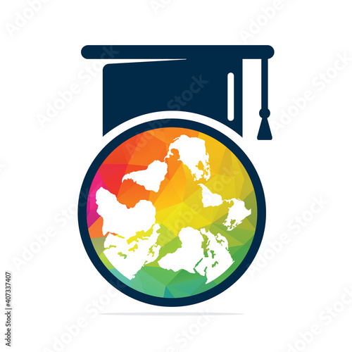 Study abroad vector logo design. Graduation cap and globe icon.