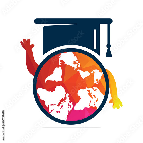 Study abroad vector logo design. Graduation cap with runner student and globe icon.