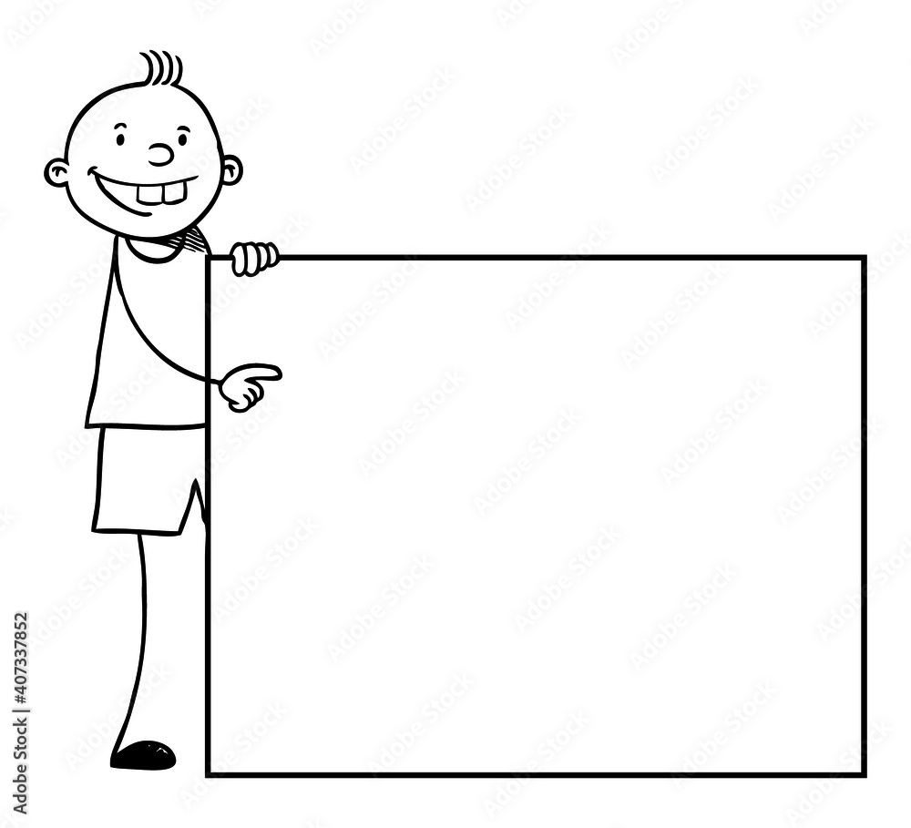 Hand drawn black and white illustration of kid who hold a blank banner. Vector EPS. Hand drawn black and white illustration of kid who hold a blank banner. Vector EPS.