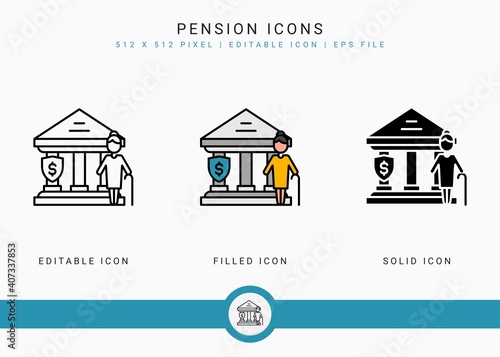 Pension icons set vector illustration with icon line style. Retirement fund plan concept. Editable stroke icon on isolated white background for web design, user interface, and mobile application