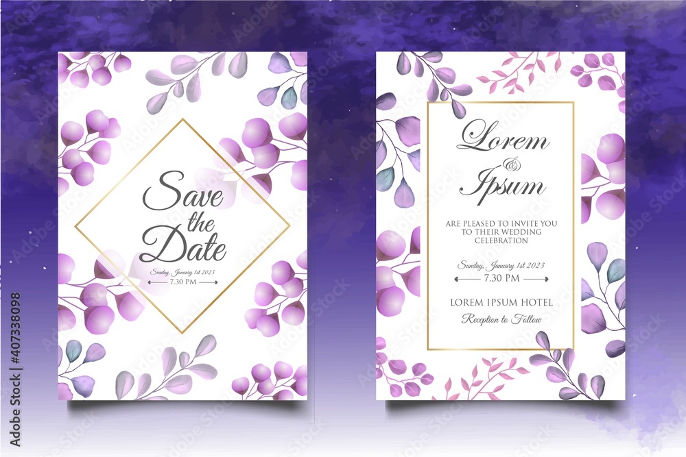 Wedding invitation card with beautiful flowers and leaves