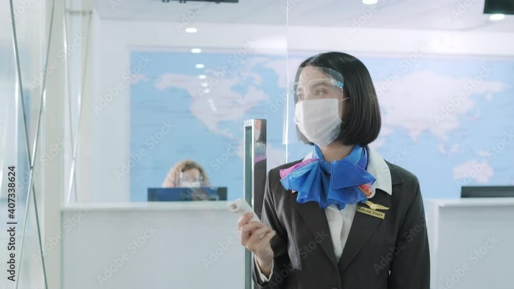 Flight attendance wear face shield and using digital infrared