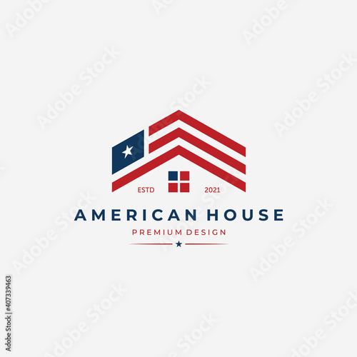 American House Logo Vector, United States Flag Design, Home Illustration Concept, Minimalist USA Symbol