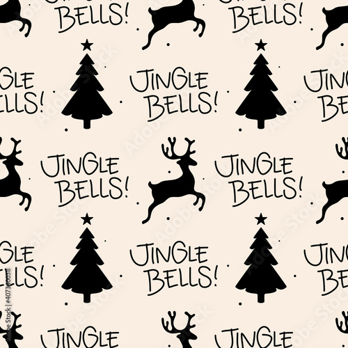 Seamless Christmas pattern with text, Jingle Bells! Reindeer and pine trees illustration. Seasonal background in black and white. Fun xmas concept, holiday greetings. Winter wallpaper design.