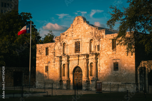 The Alamo in San Antonio Texas during golden sunset. Historic Texas Mission and battle site in the Texas Revolution against Mexico
