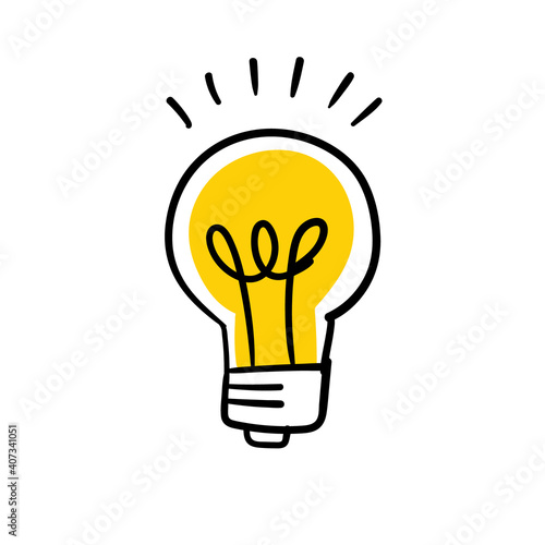 Light bulb doodle shinning. Electric lamp symbol of idea and solution.