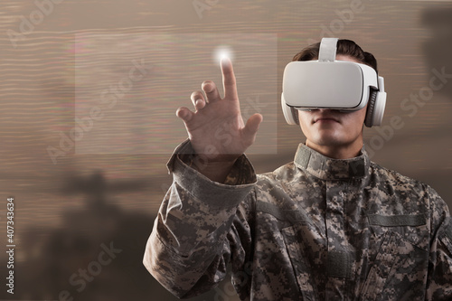 Soldier in VR headset touching virtual screen
