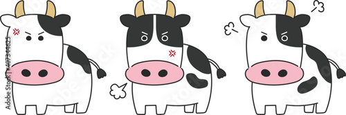 Set of angry cattle. Vector illustration of a comic book design.