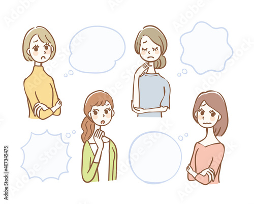 悩む女性とフキダシのセット