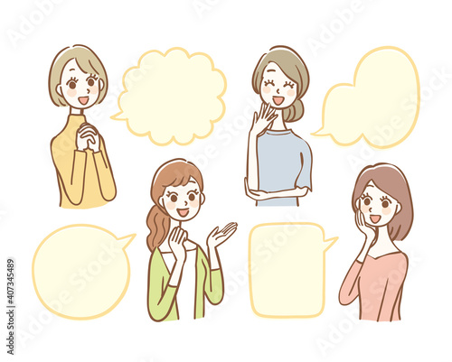 会話する女性とフキダシのセット