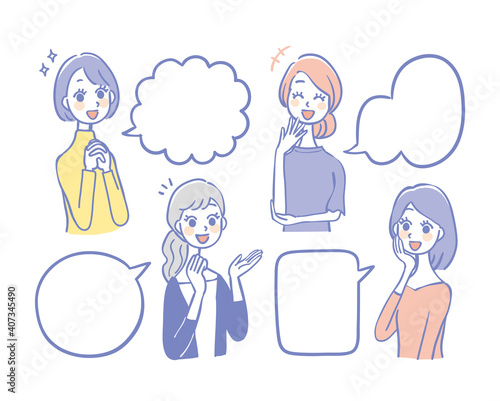 会話する女性とフキダシのセット